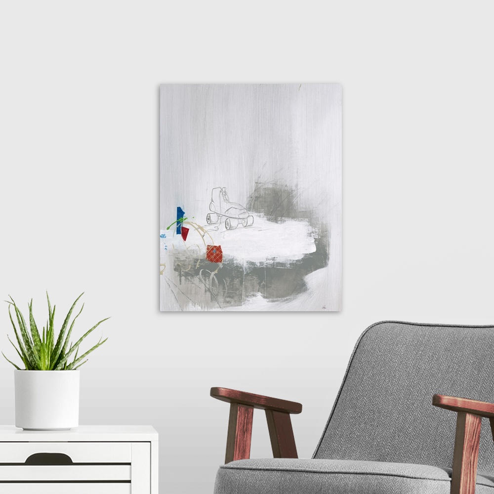 A modern room featuring Contemporary abstract painting of a pencil drawing of a roller skate against a neutral toned back...