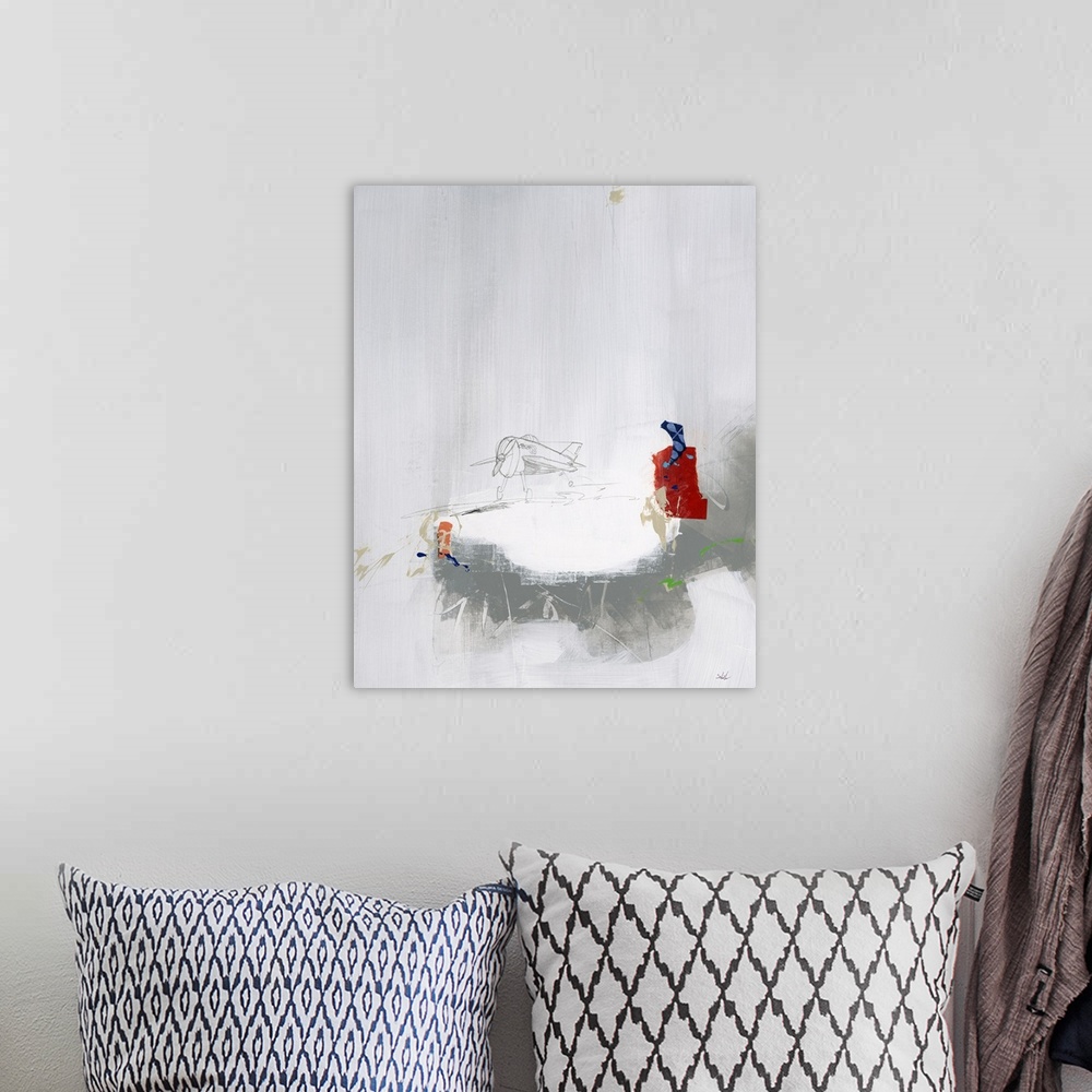 A bohemian room featuring Contemporary abstract painting of a pencil drawing of an airplane against a neutral toned backgro...