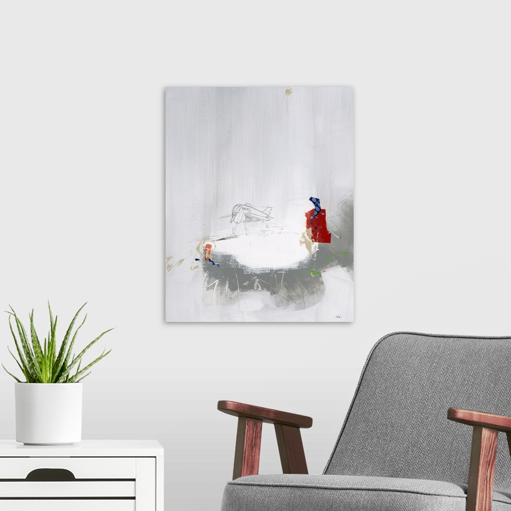 A modern room featuring Contemporary abstract painting of a pencil drawing of an airplane against a neutral toned backgro...