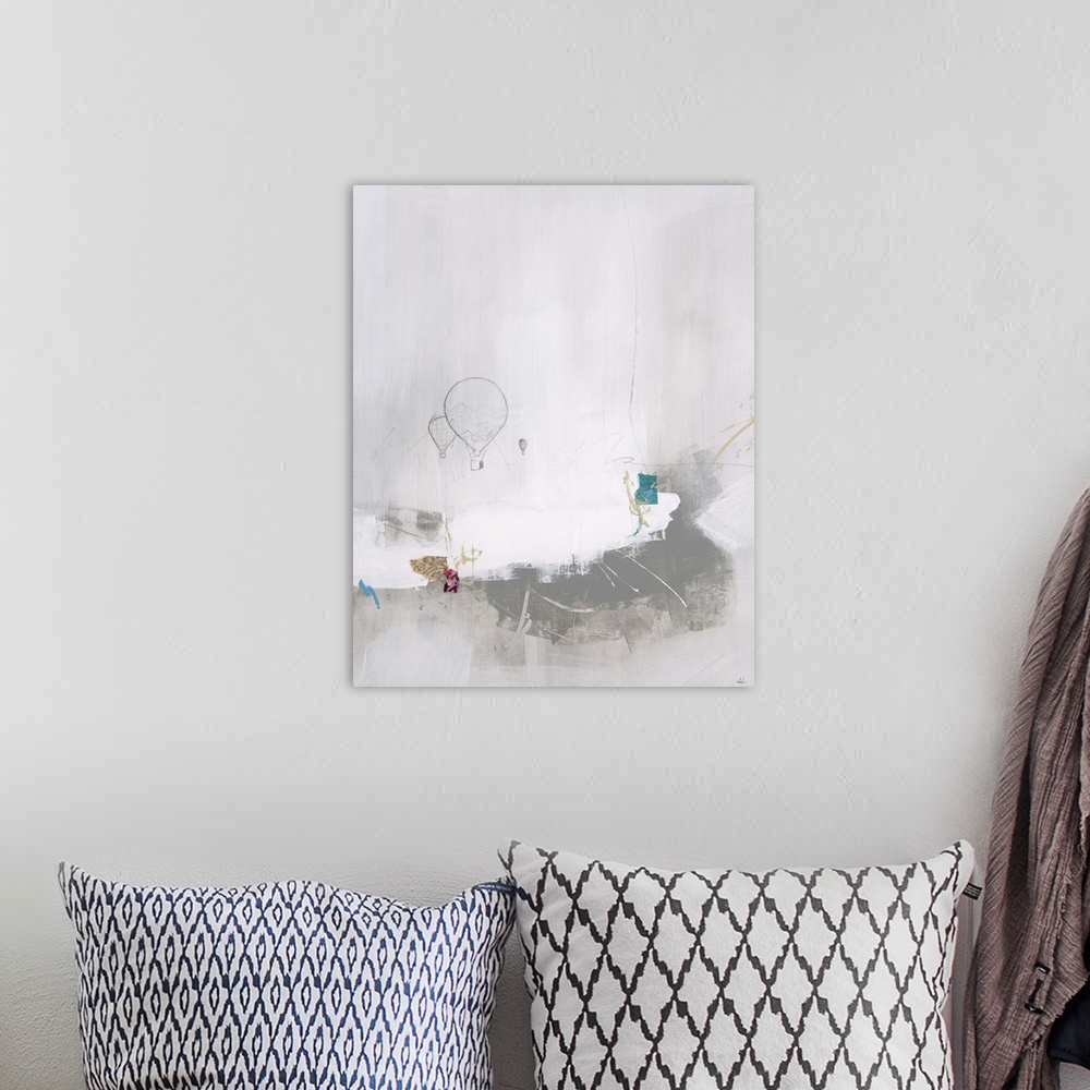 A bohemian room featuring Contemporary abstract painting of a pencil drawing of hot air balloons against a neutral toned ba...