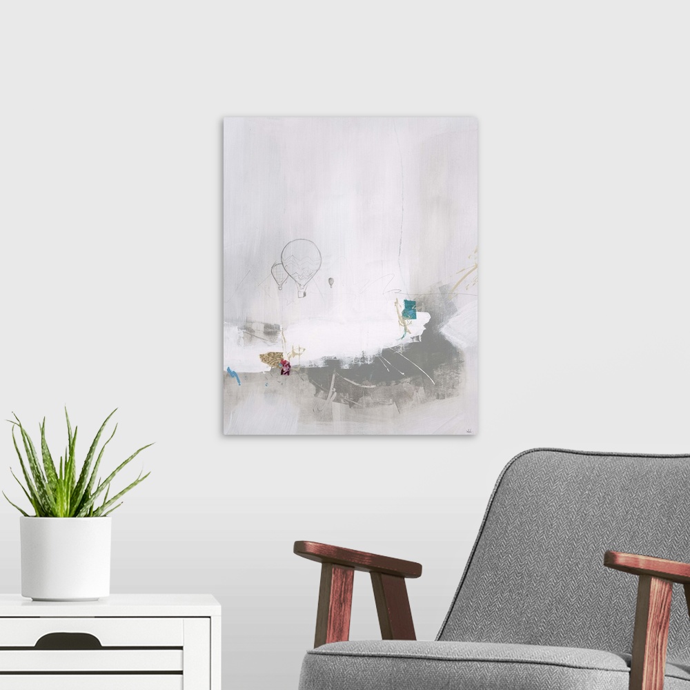 A modern room featuring Contemporary abstract painting of a pencil drawing of hot air balloons against a neutral toned ba...