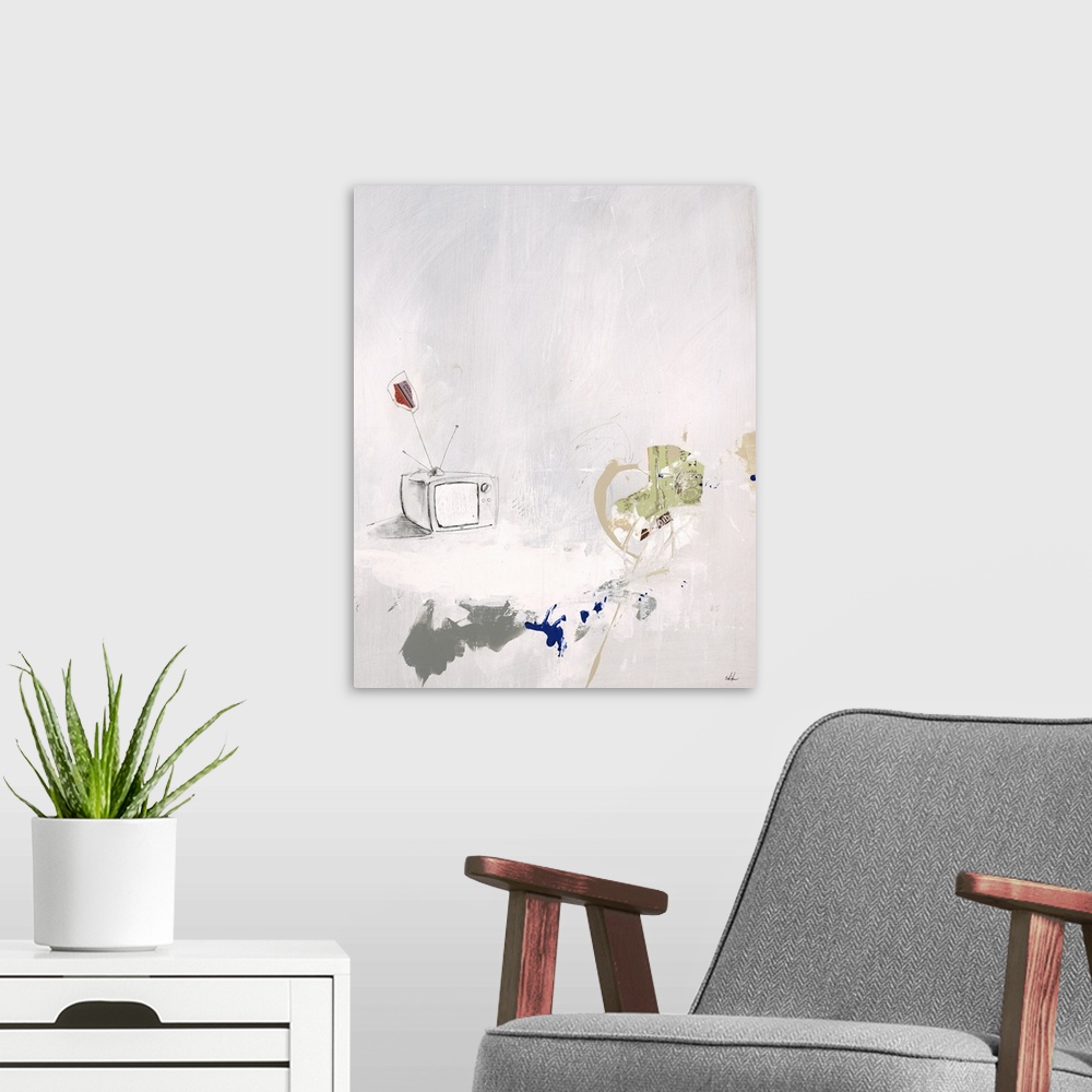 A modern room featuring Contemporary abstract painting of a pencil drawing of a TV set against a neutral toned background...