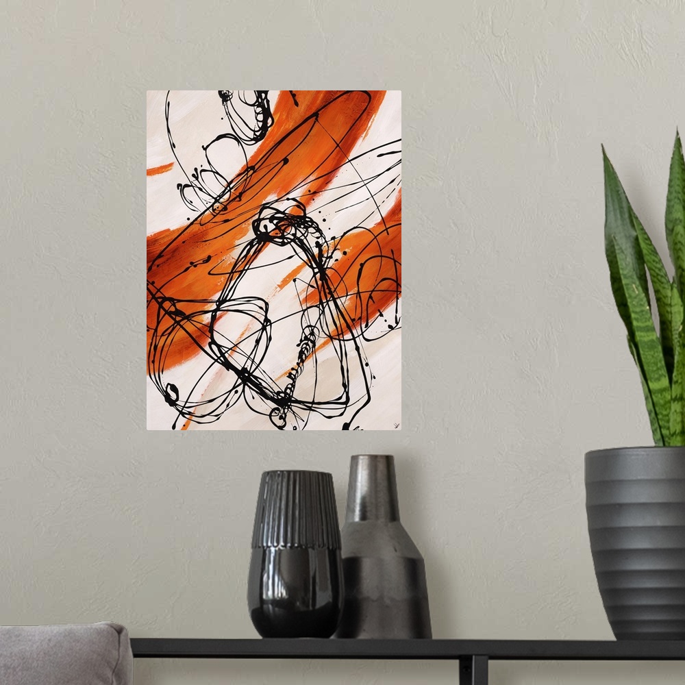 A modern room featuring Abstract painting, with bright orange paint swipes and dark black thin line splatters.