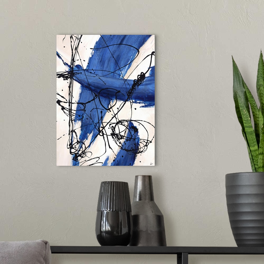 A modern room featuring Abstract painting, with bright blue paint swipes and dark black thin line splatters.