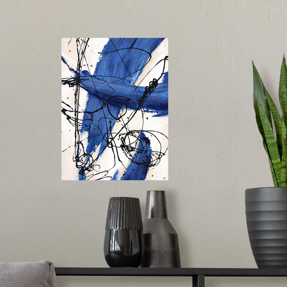 A modern room featuring Abstract painting, with bright blue paint swipes and dark black thin line splatters.