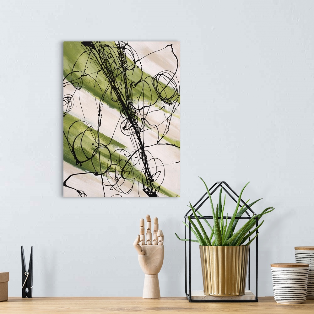 A bohemian room featuring Abstract painting, with bright green paint swipes and dark black thin line splatters.