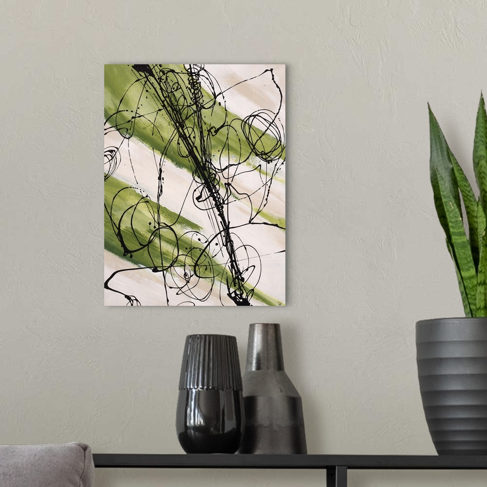 A modern room featuring Abstract painting, with bright green paint swipes and dark black thin line splatters.