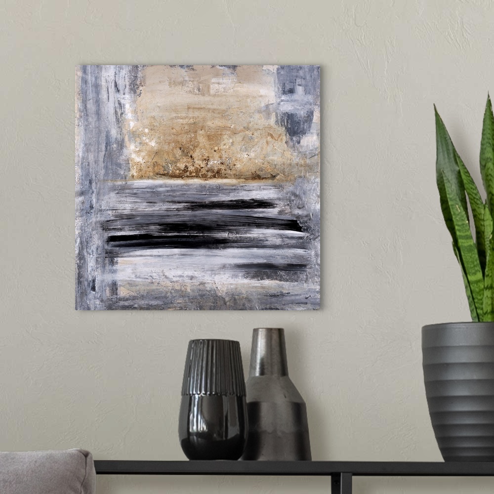 A modern room featuring Square abstract painting in black, gray, white, and gold hues.