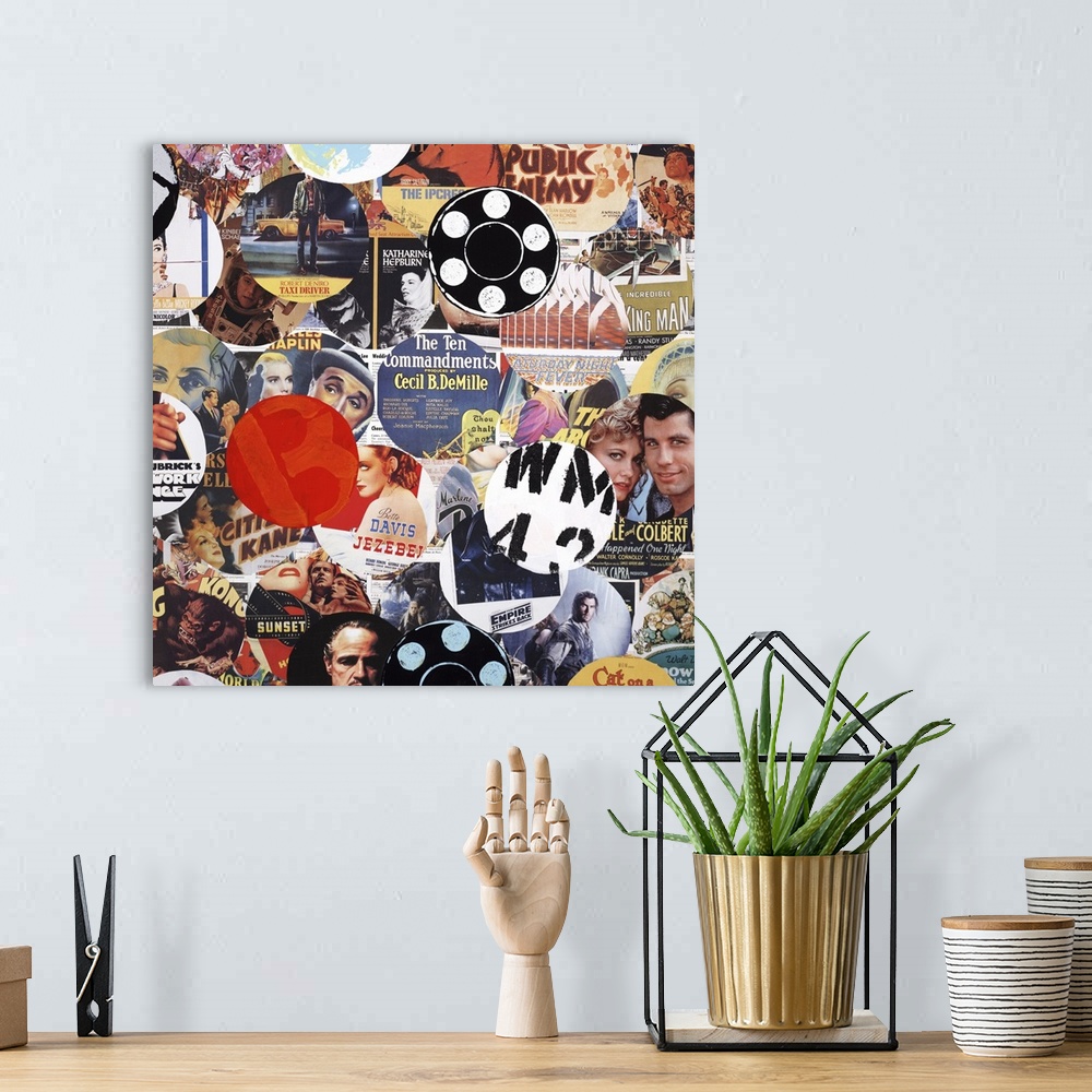 A bohemian room featuring A square collage of circular images of movies and actors.