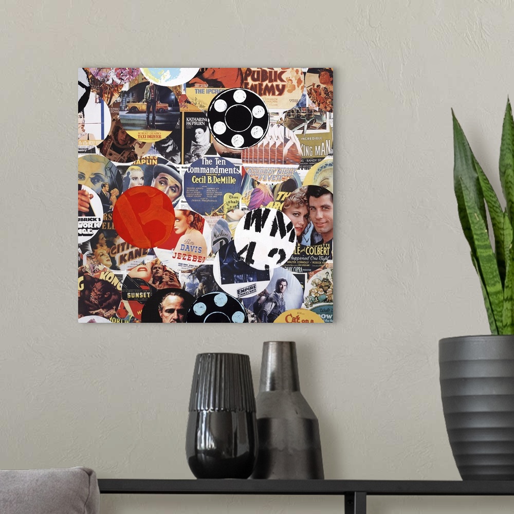A modern room featuring A square collage of circular images of movies and actors.