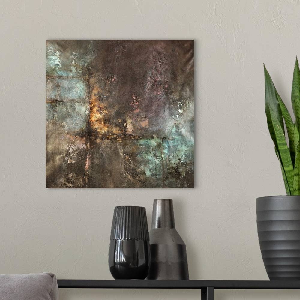A modern room featuring Abstract contemporary painting in almost metallic shades of brown and lavender.