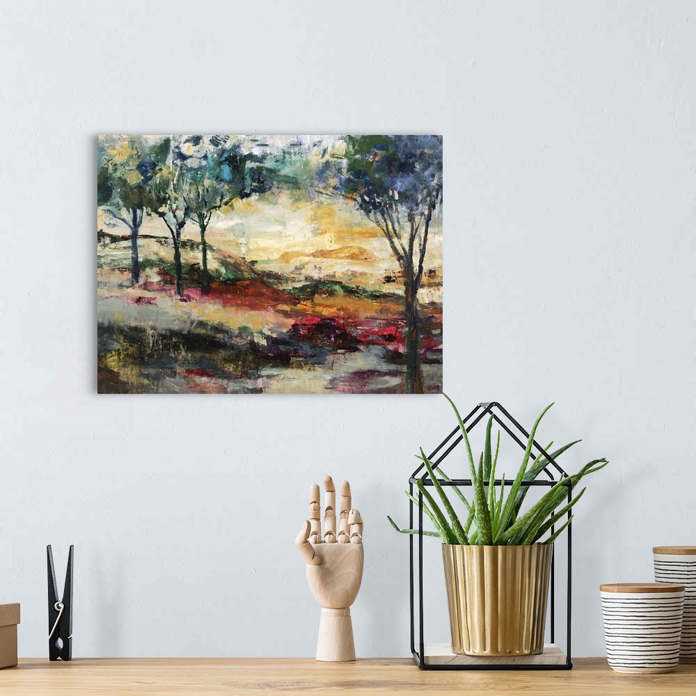 A bohemian room featuring Contemporary abstract painting resembling a clearing of trees.