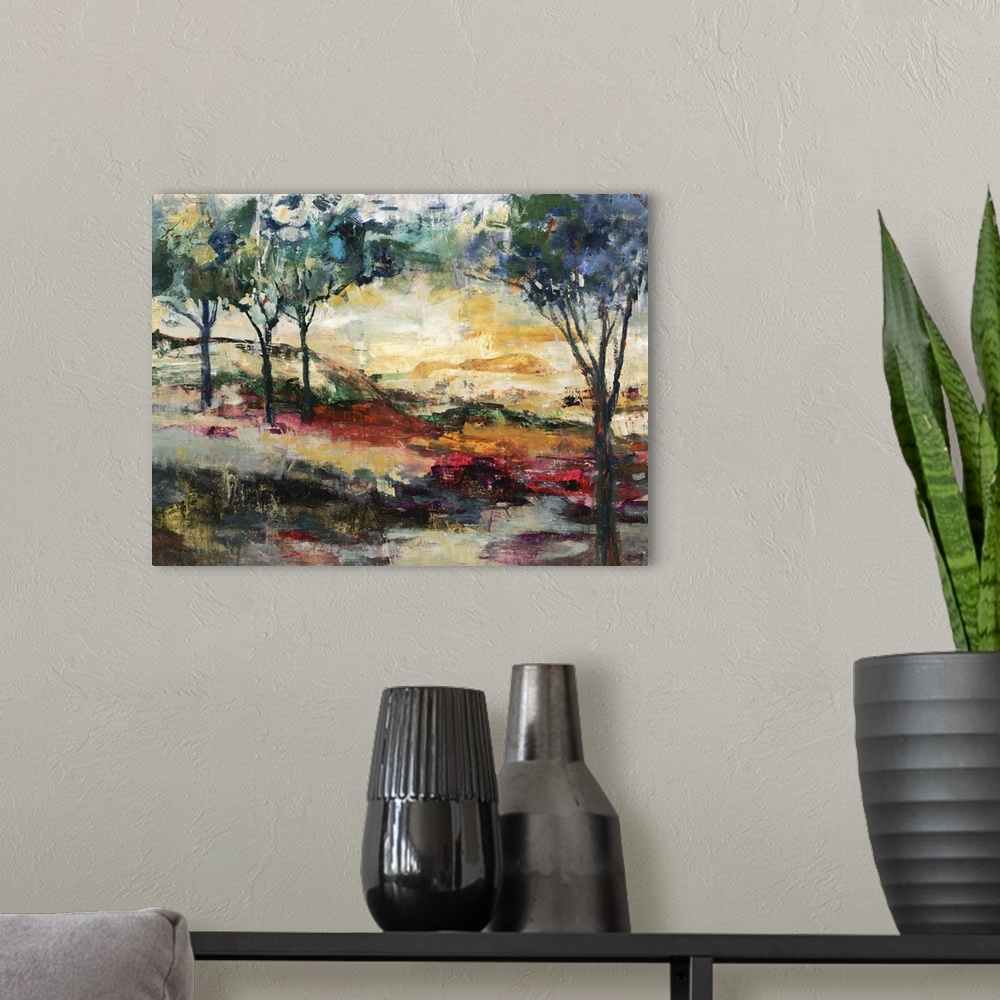 A modern room featuring Contemporary abstract painting resembling a clearing of trees.