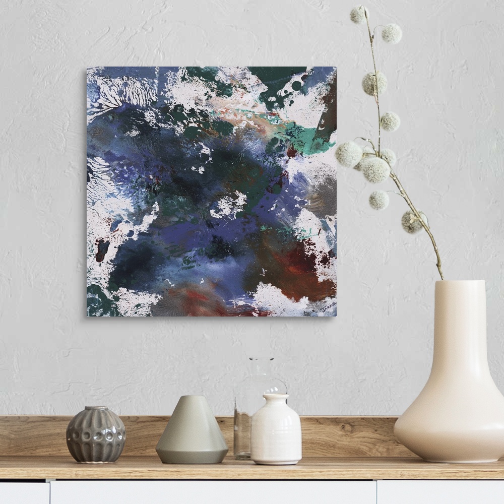 A farmhouse room featuring Square splattered abstract painting created with shades of blue, green, gray and burnt orange.
