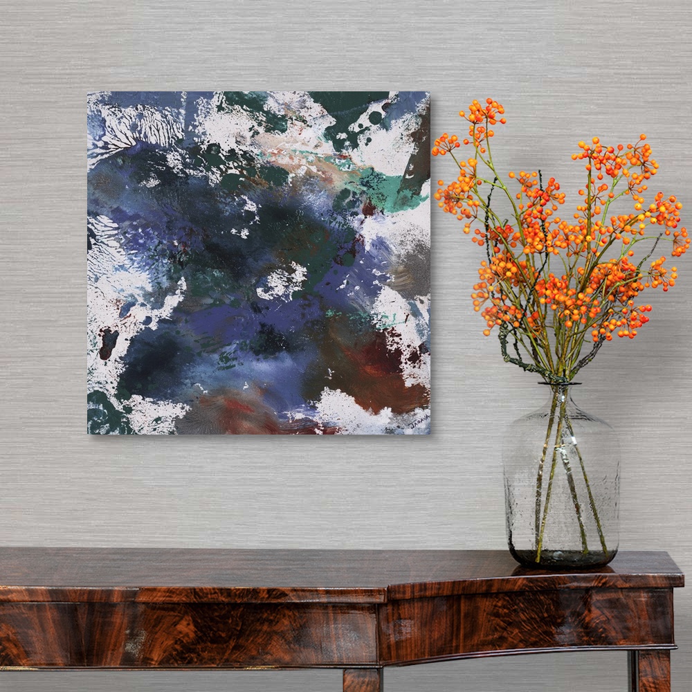 A traditional room featuring Square splattered abstract painting created with shades of blue, green, gray and burnt orange.