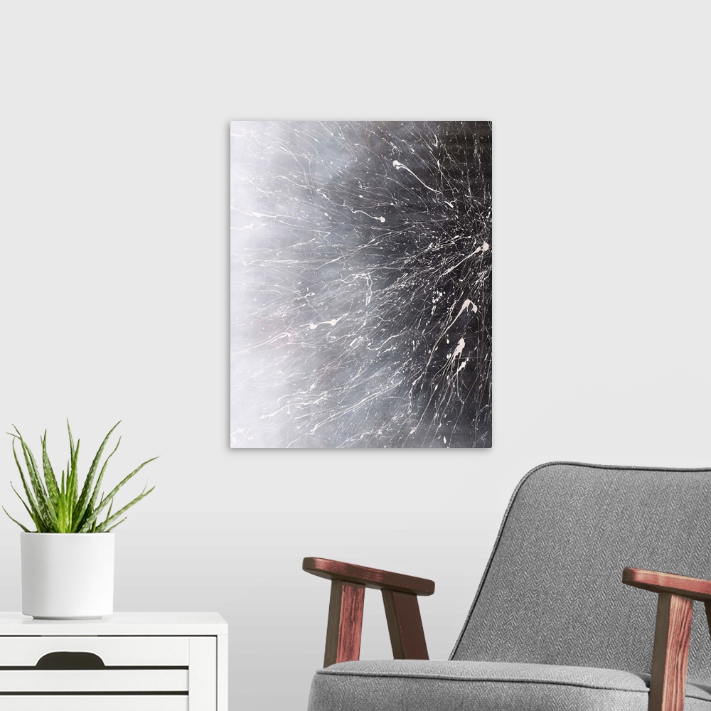 A modern room featuring Large abstract art with a gray gradient starting from the right side and going lighter towards th...