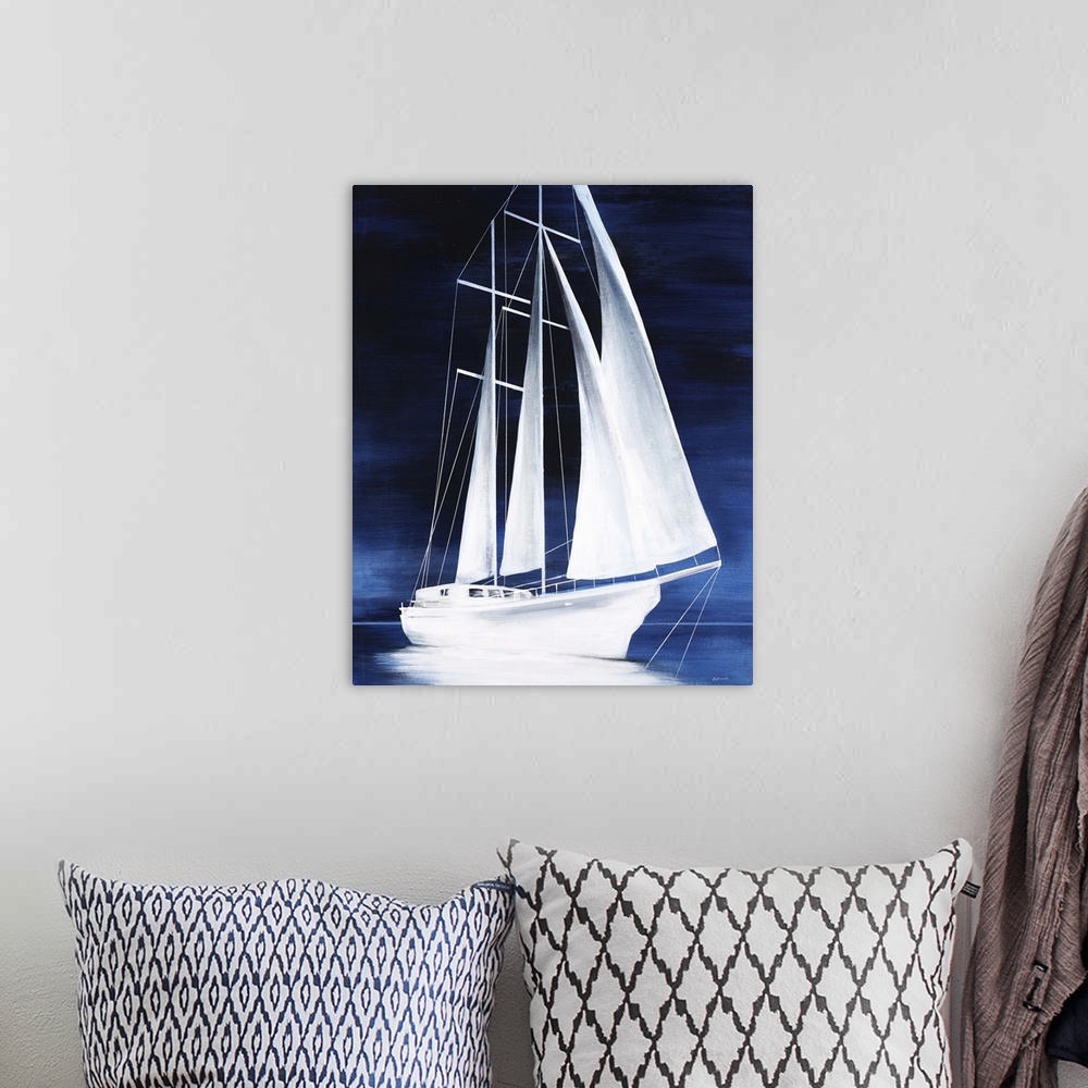 A bohemian room featuring Contemporary painting of a white sailboat on blue water surrounded by a dark blue atmosphere.