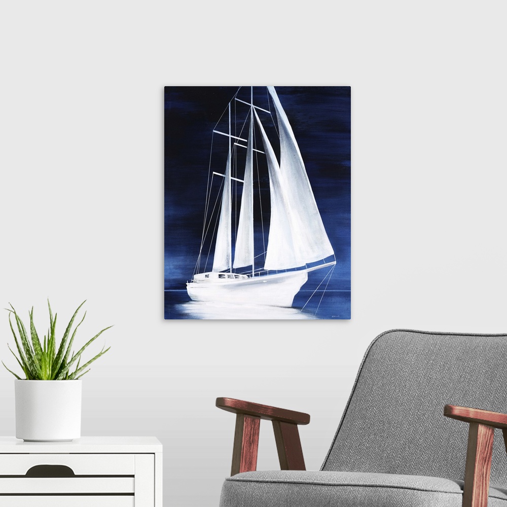 A modern room featuring Contemporary painting of a white sailboat on blue water surrounded by a dark blue atmosphere.
