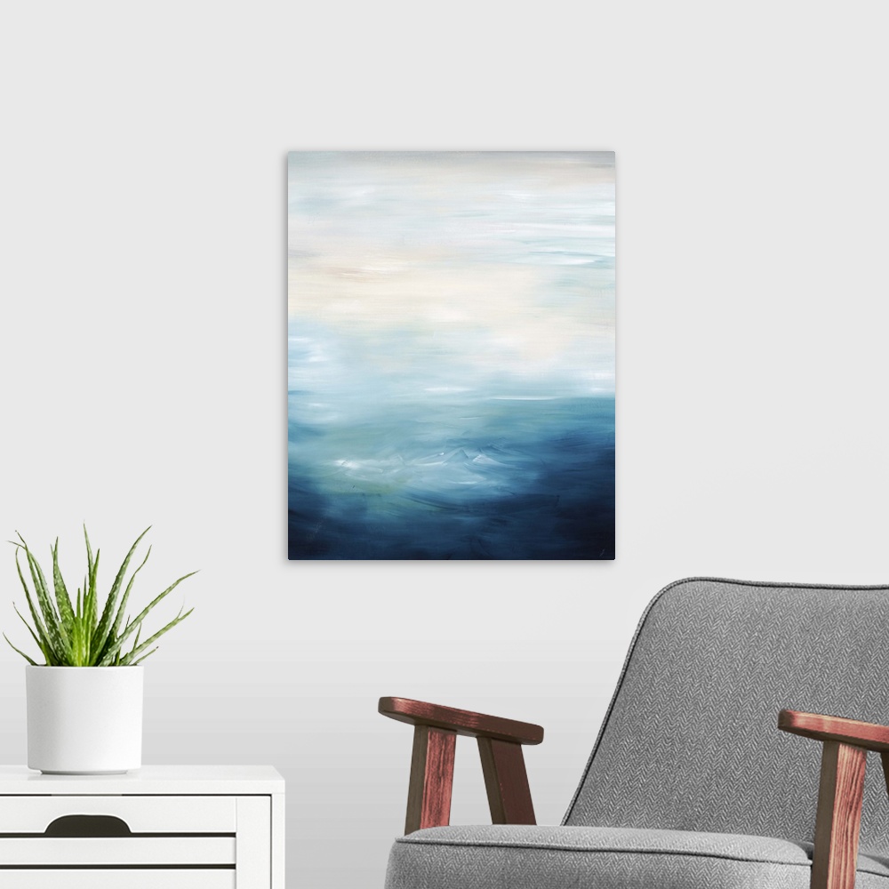A modern room featuring Seascape painting with open waters in shades of blue and neutral tones.