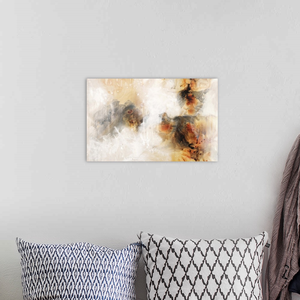 A bohemian room featuring Contemporary abstract painting using earthy warm tones.