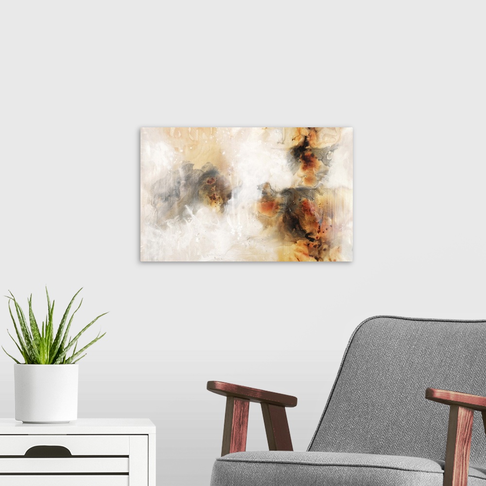 A modern room featuring Contemporary abstract painting using earthy warm tones.