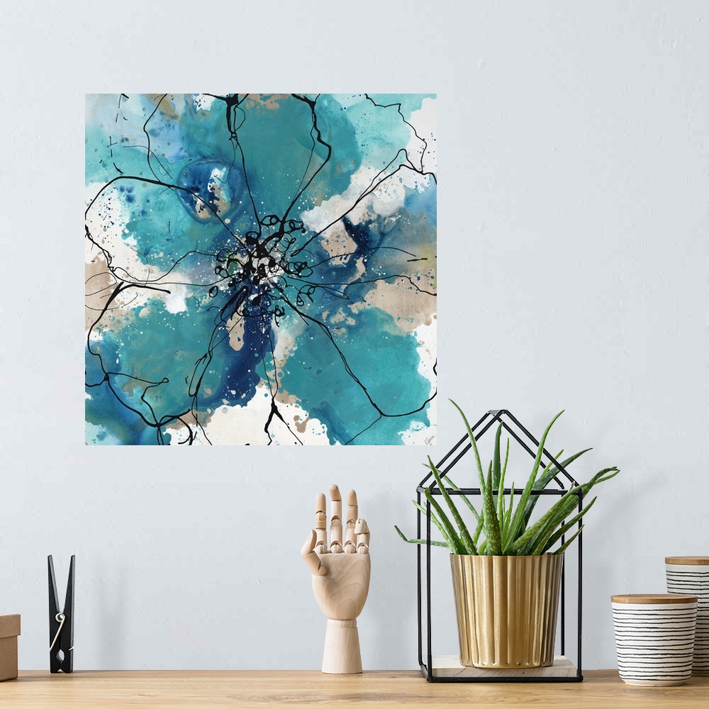 A bohemian room featuring Abstract painting of an outline of a large flower created with the thin dripping paint lines, on ...