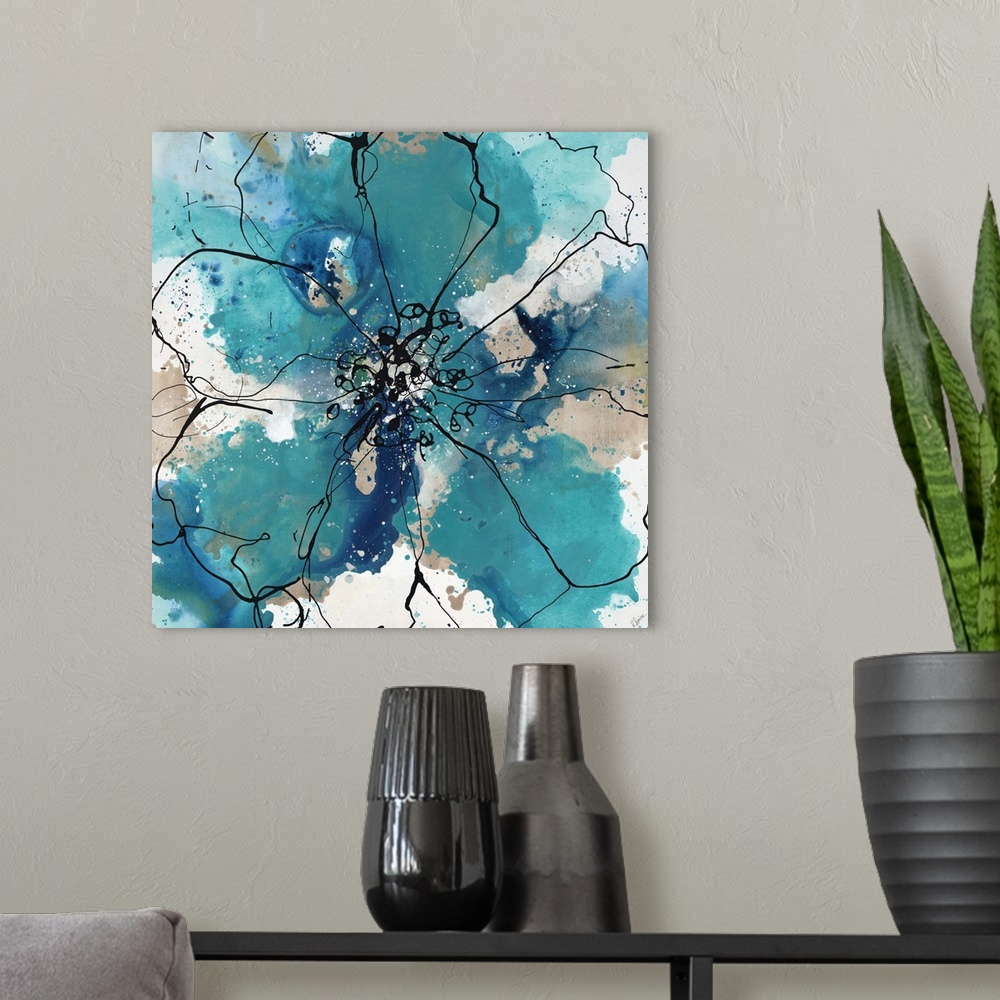 A modern room featuring Abstract painting of an outline of a large flower created with the thin dripping paint lines, on ...