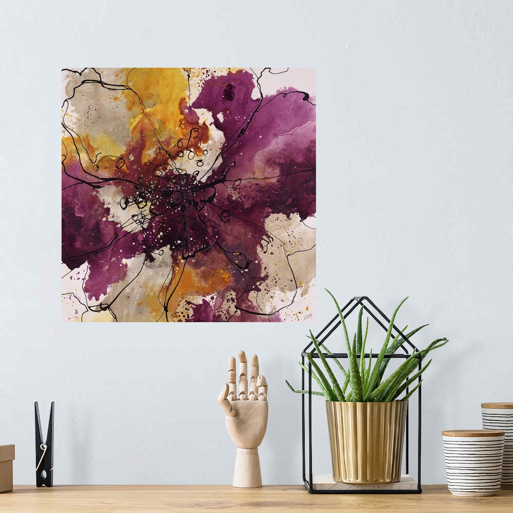 A bohemian room featuring Abstract painting using bright purple and gold colors in radial splashes almost appearing ad flow...