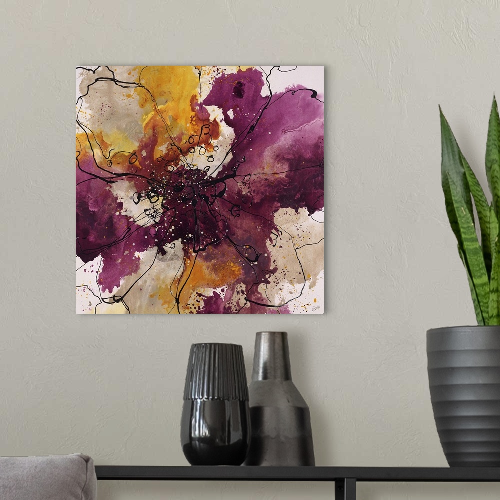 A modern room featuring Abstract painting using bright purple and gold colors in radial splashes almost appearing ad flow...