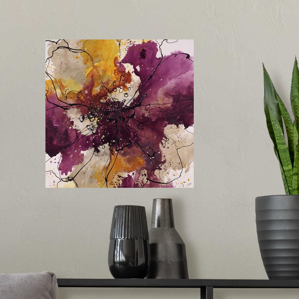 A modern room featuring Abstract painting using bright purple and gold colors in radial splashes almost appearing ad flow...