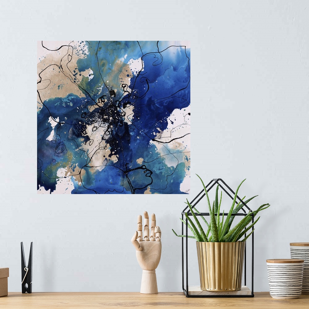 A bohemian room featuring Abstract painting using bright blue and gray colors in radial splashes almost appearing ad flowers.