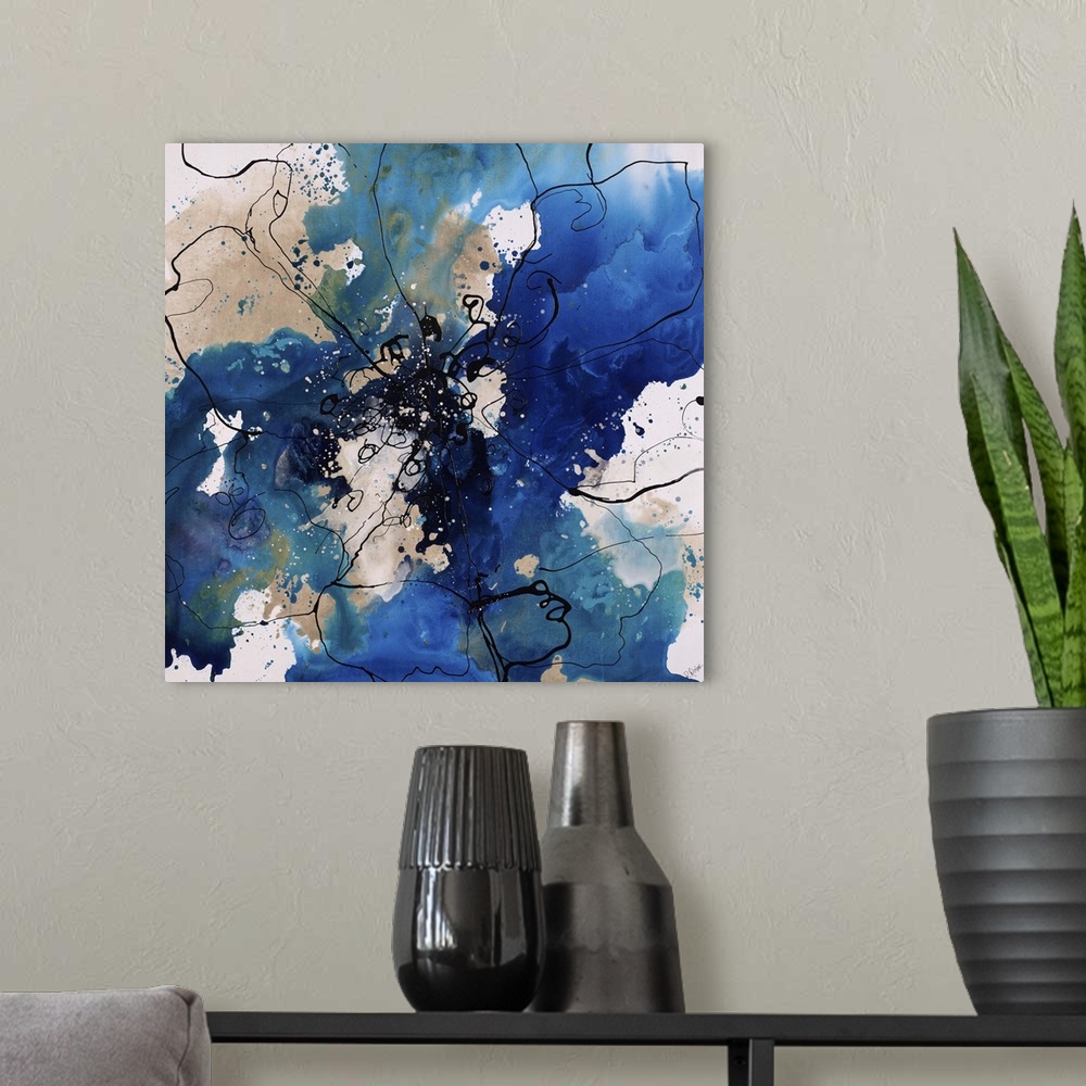 A modern room featuring Abstract painting using bright blue and gray colors in radial splashes almost appearing ad flowers.