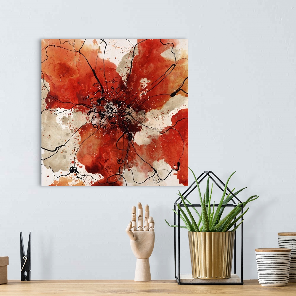 A bohemian room featuring Abstract painting using earth tones in radial splashes almost appearing ad flowers.