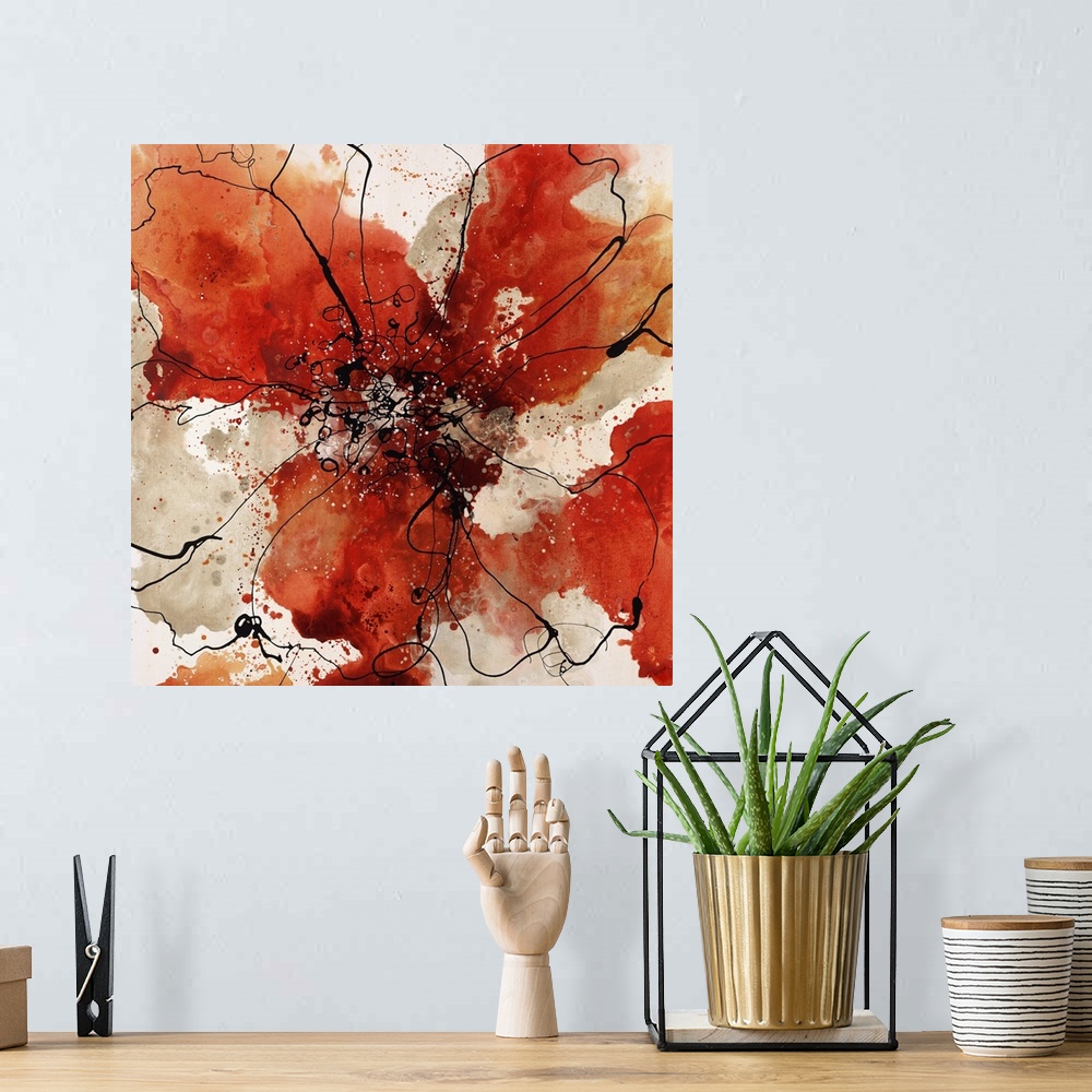 A bohemian room featuring Abstract painting using earth tones in radial splashes almost appearing ad flowers.