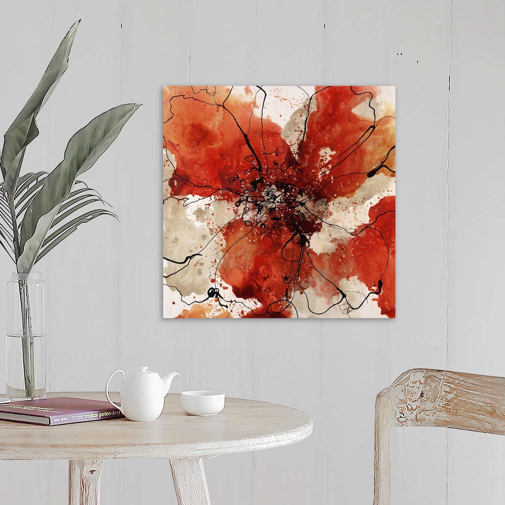 A farmhouse room featuring Abstract painting using earth tones in radial splashes almost appearing ad flowers.