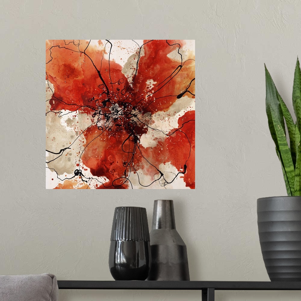 A modern room featuring Abstract painting using earth tones in radial splashes almost appearing ad flowers.