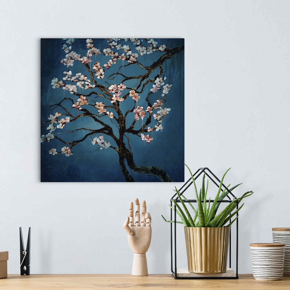 A bohemian room featuring Contemporary painting of several intersecting branches of a blossom tree, the branches covered in...