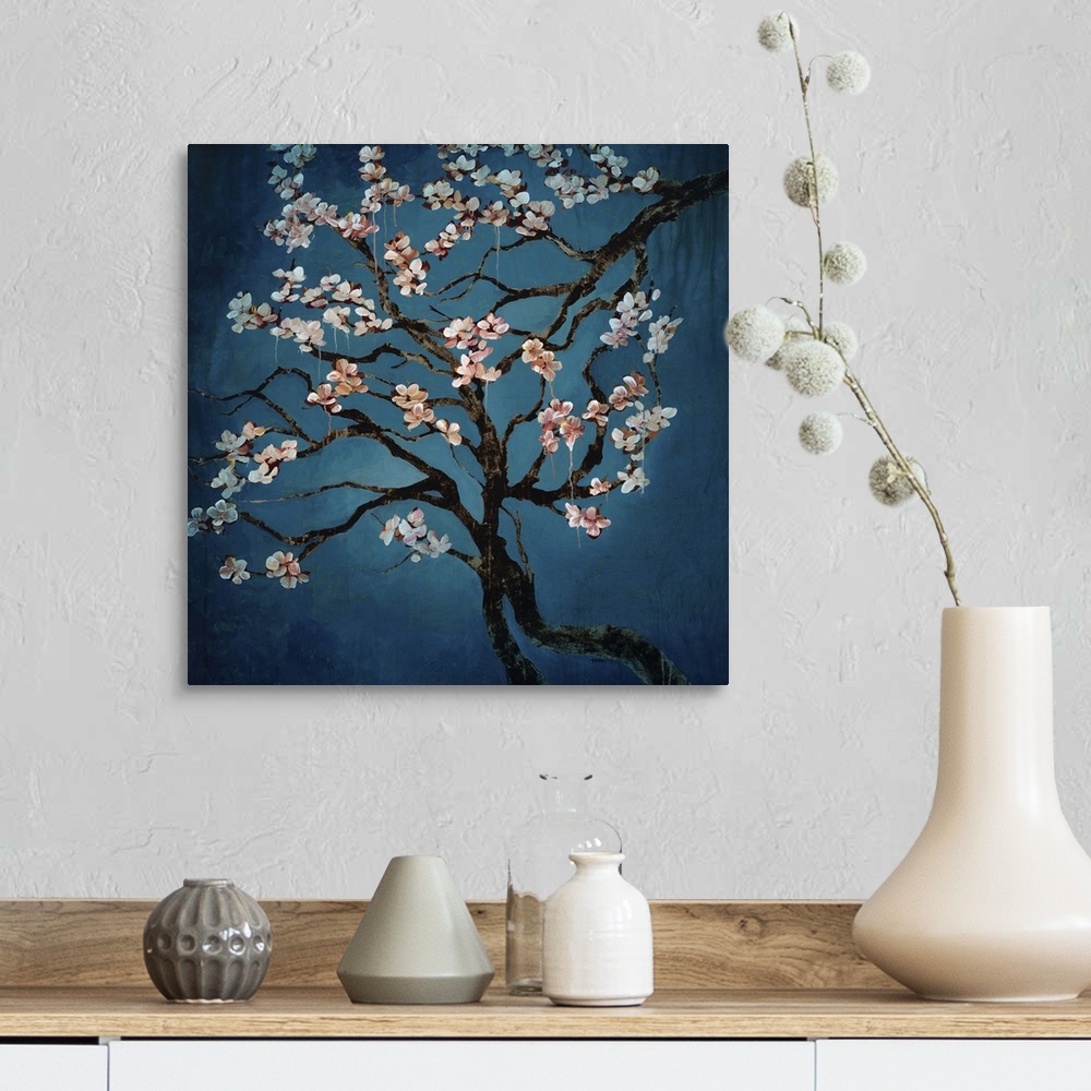 A farmhouse room featuring Contemporary painting of several intersecting branches of a blossom tree, the branches covered in...