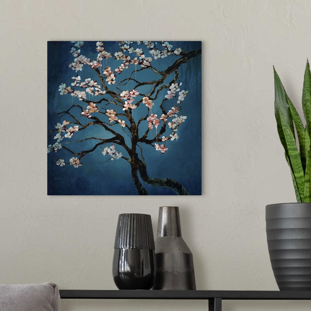 A modern room featuring Contemporary painting of several intersecting branches of a blossom tree, the branches covered in...