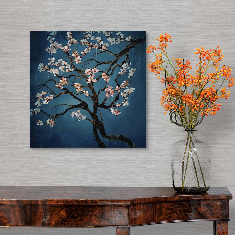 A traditional room featuring Contemporary painting of several intersecting branches of a blossom tree, the branches covered in...