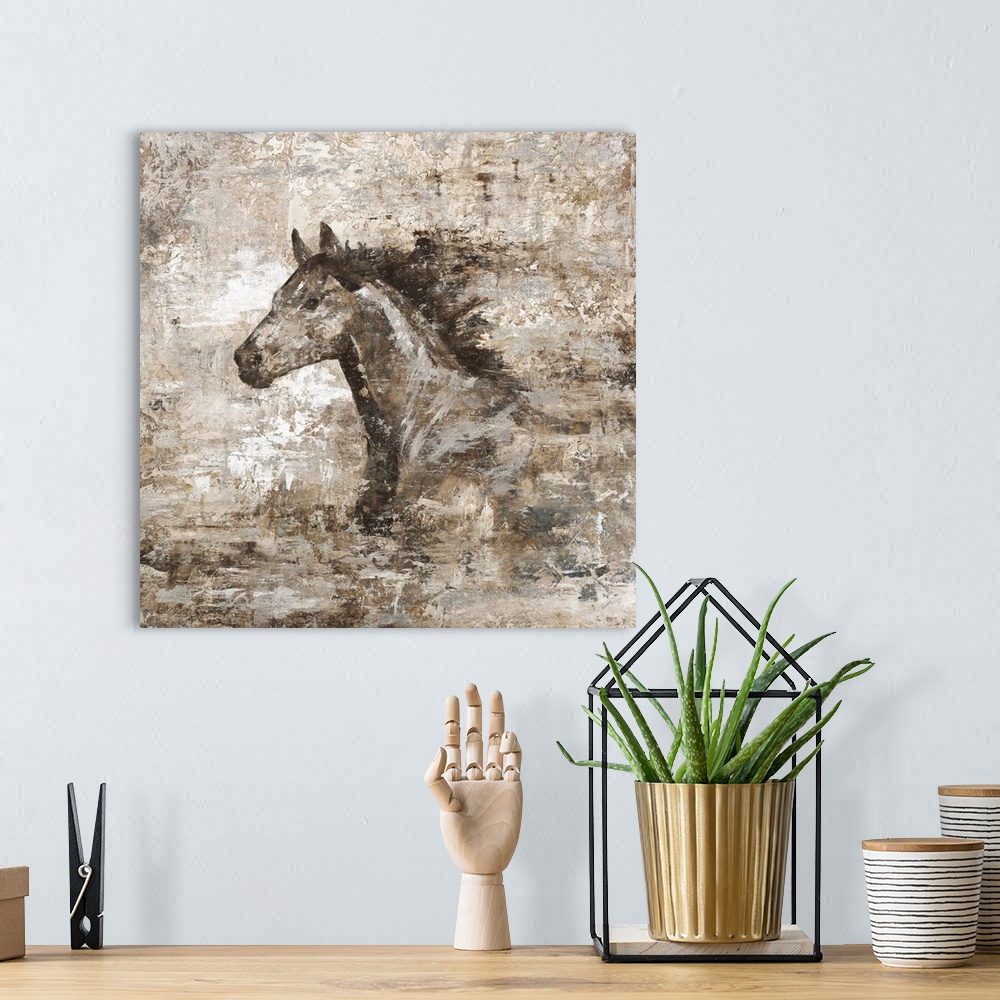 A bohemian room featuring A contemporary painting with a weathered and distressed look, with the portrait of a horse in str...