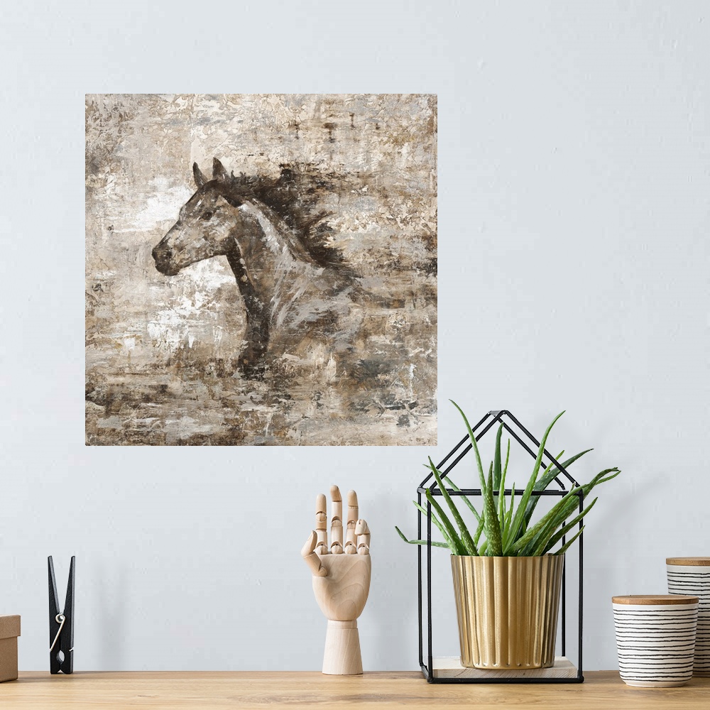A bohemian room featuring A contemporary painting with a weathered and distressed look, with the portrait of a horse in str...