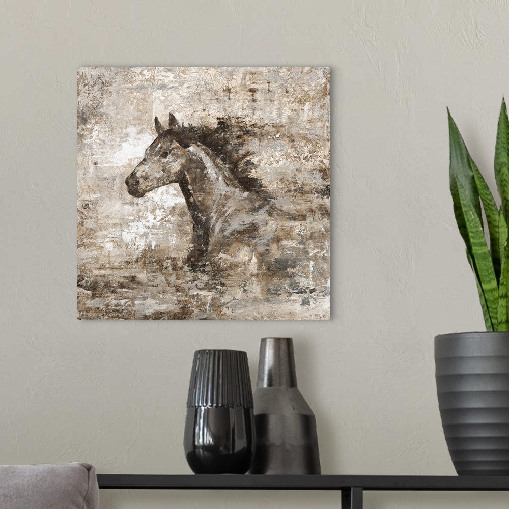 A modern room featuring A contemporary painting with a weathered and distressed look, with the portrait of a horse in str...