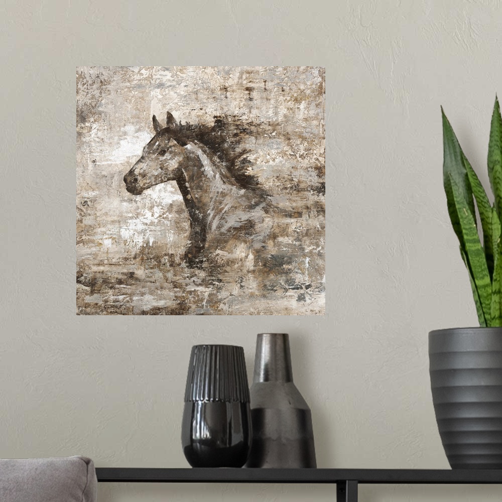 A modern room featuring A contemporary painting with a weathered and distressed look, with the portrait of a horse in str...