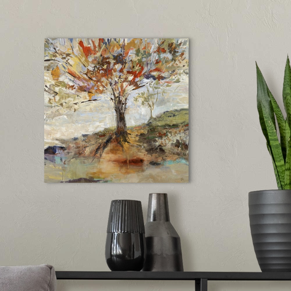 A modern room featuring Contemporary landscape painting of a large tree on a hillside with vibrant, multicolored leaves a...