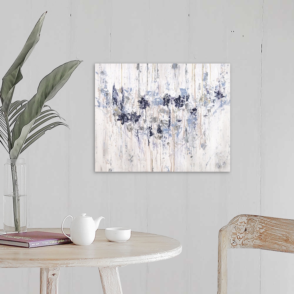A farmhouse room featuring Contemporary abstract painting with florals in cool tones and drips of neutral colors on a white,...