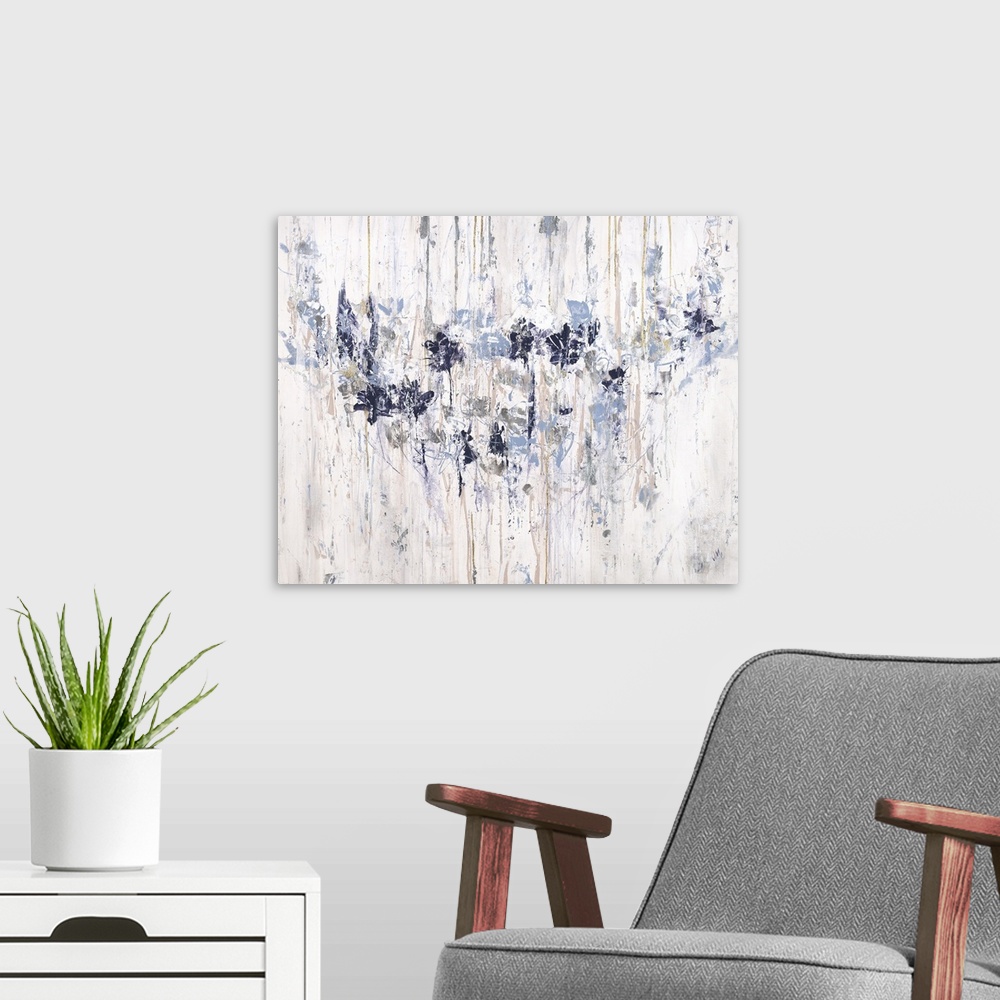 A modern room featuring Contemporary abstract painting with florals in cool tones and drips of neutral colors on a white,...