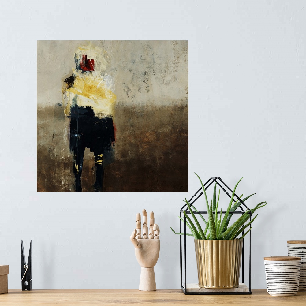 A bohemian room featuring Abstract painting of an alien or human figure in several colors, on a neutral toned background th...