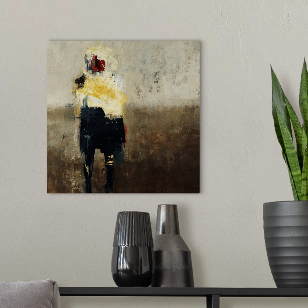 A modern room featuring Abstract painting of an alien or human figure in several colors, on a neutral toned background th...