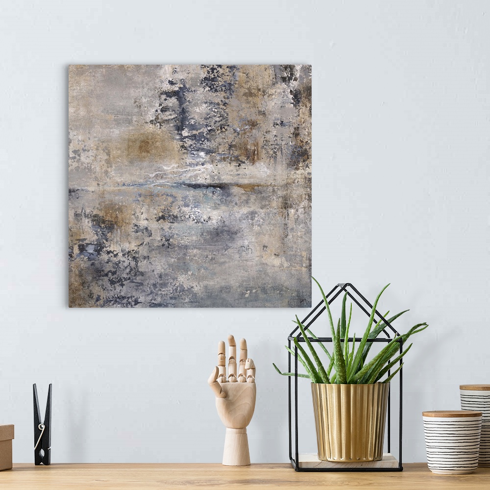 A bohemian room featuring Contemporary abstract painting in shades of brown and grey, resembling a weathered wall.